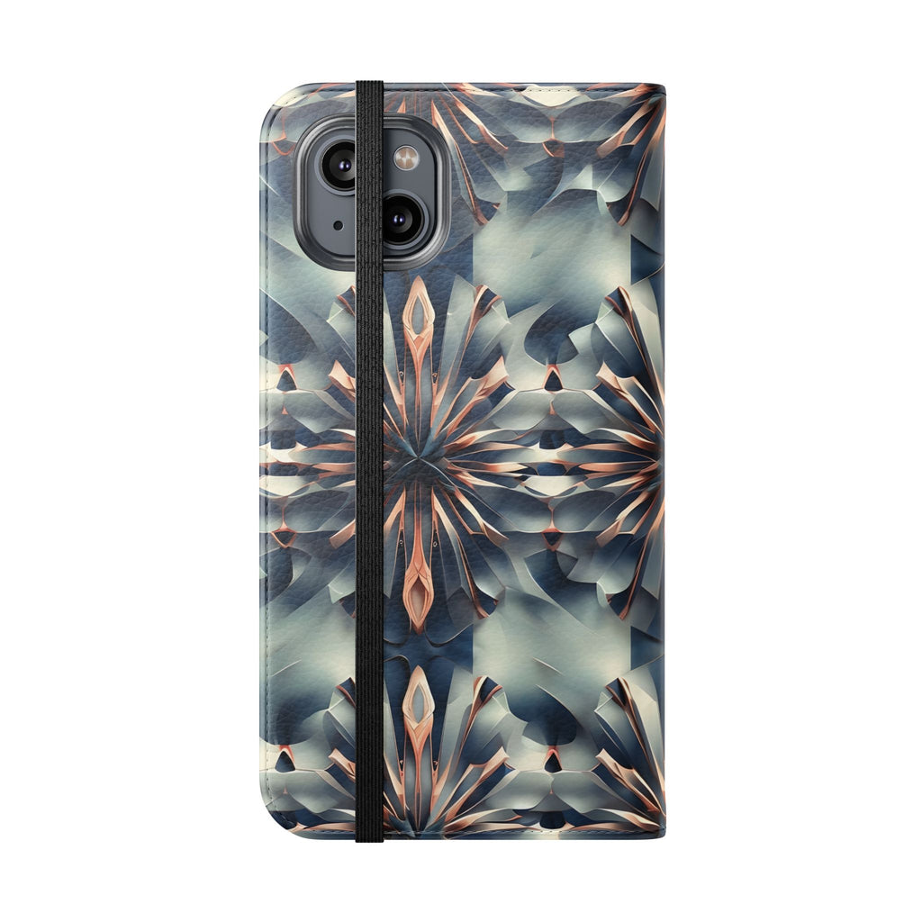 Obsidian Kaleidoscope iPhone 14 Plus Wallet Case - Elegant Abstract Flip Cover with Card Slots