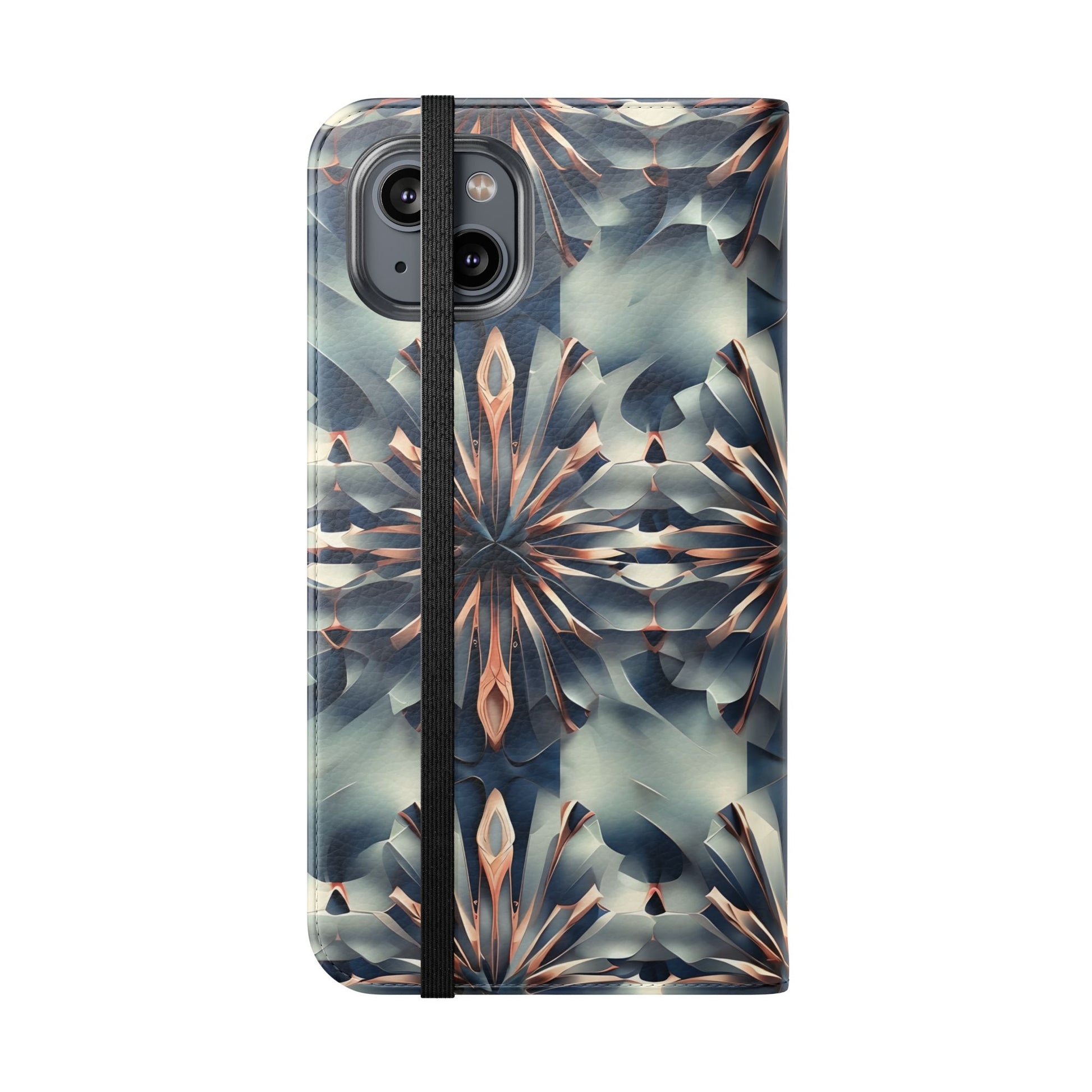 Obsidian Kaleidoscope iPhone 14 Plus Wallet Case - Elegant Abstract Flip Cover with Card Slots