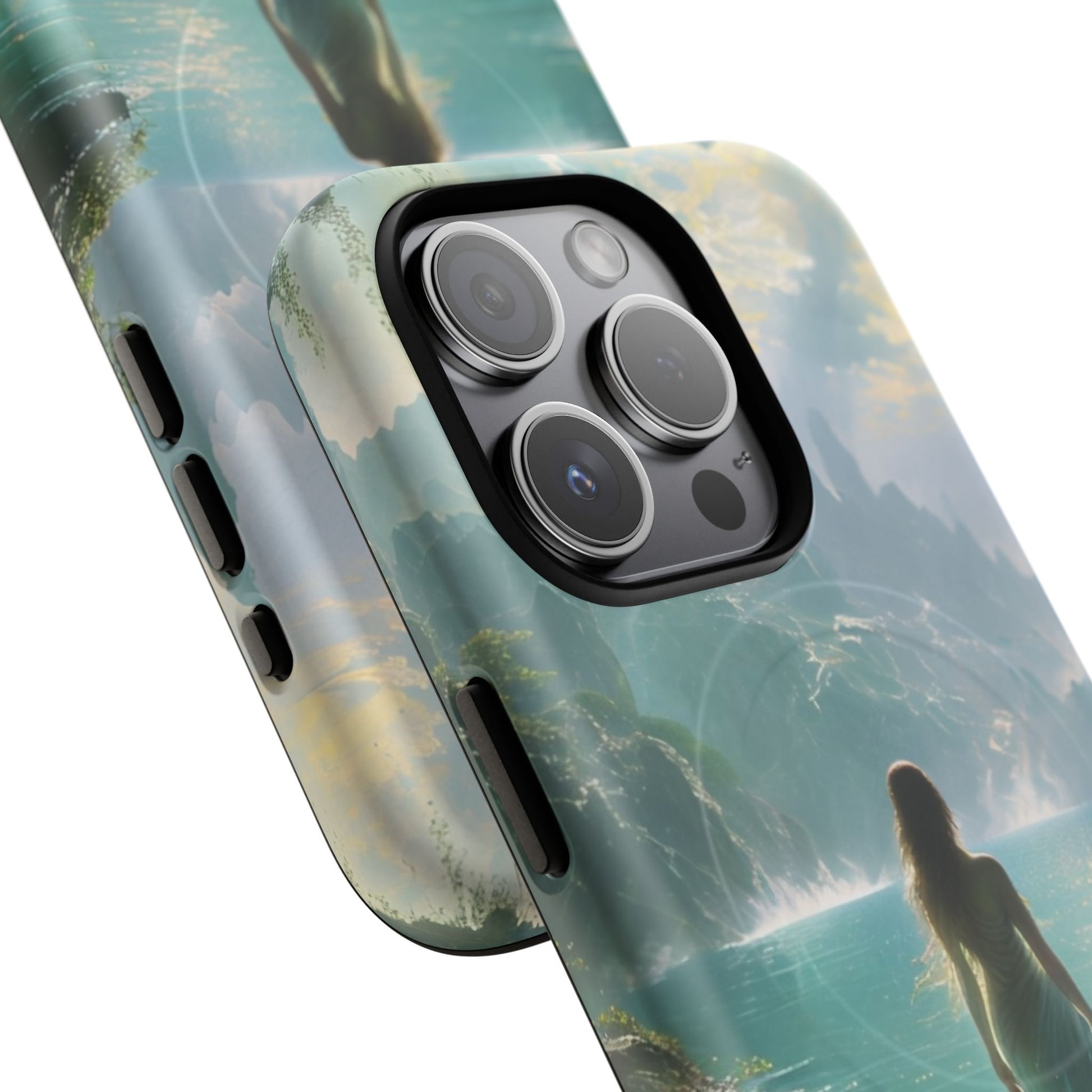 Celestial Tides - Dreamscape Art iPhone 15 Pro MagSafe Phone Case -Ethereal Woman & Fantasy Landscape Design