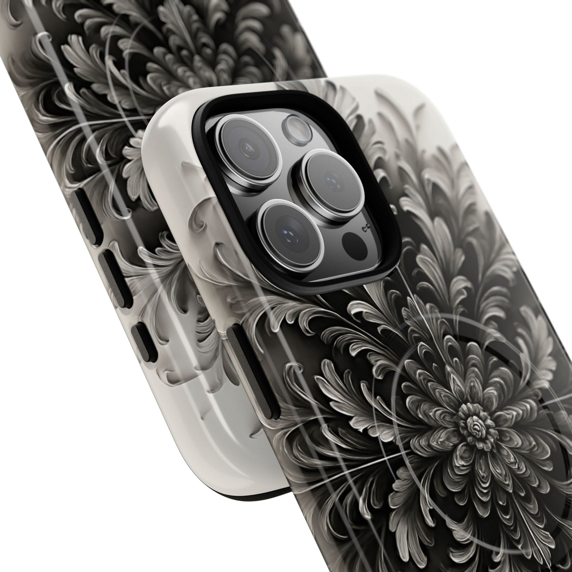 Obsidian Bloom - Elegant Black & White iPhone 16 Pro Max MagSafe Phone Case - Intricate Mandala Flower Design