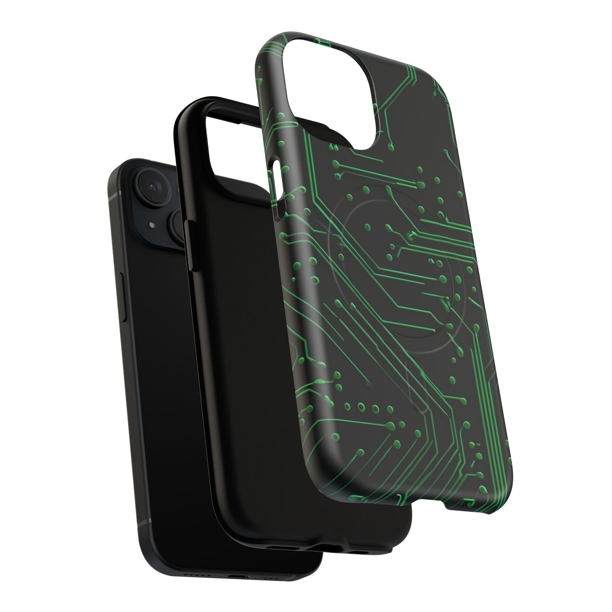 Green Circuit Grid iPhone 15 MagSafe Compatible case- Tech-Inspired Shockproof Cover