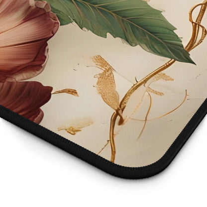 Close-up of Vintage Burgundy Rose desk mat showing detailed rose illustration