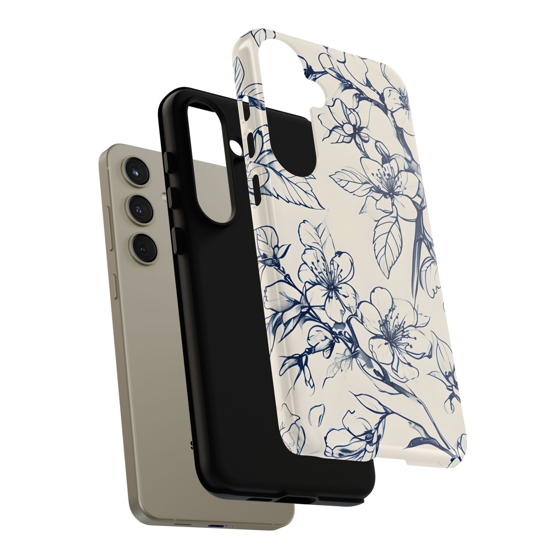 Blossom Sketch - Artistic Blue Floral Samsung Galaxy S24 Plus Tough Phone Case - Hand-Drawn Botanical Design