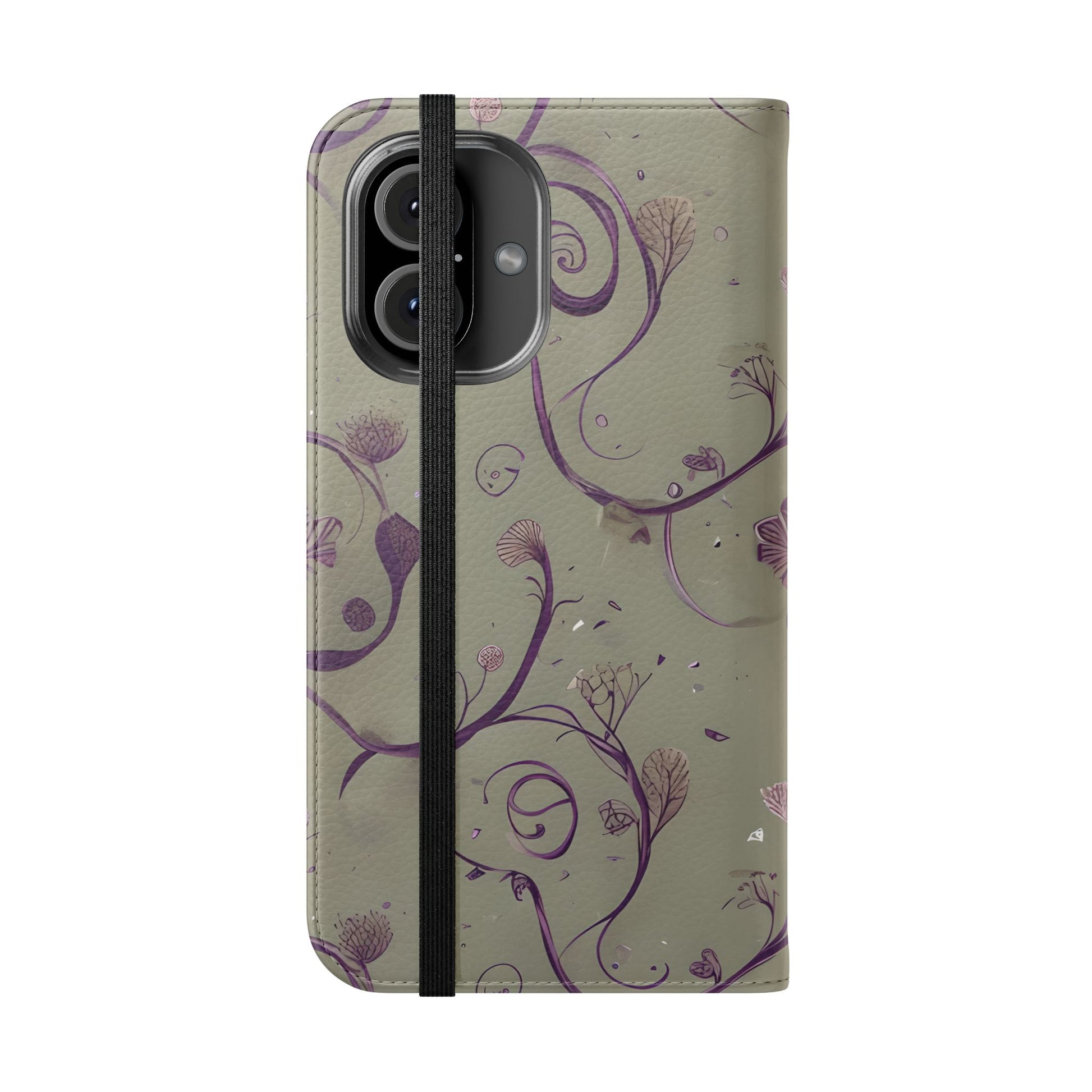 Twilight Thistle Bloom Wallet Phone Case - Elegant Purple Floral Vine Flip Cover for iPhone 16