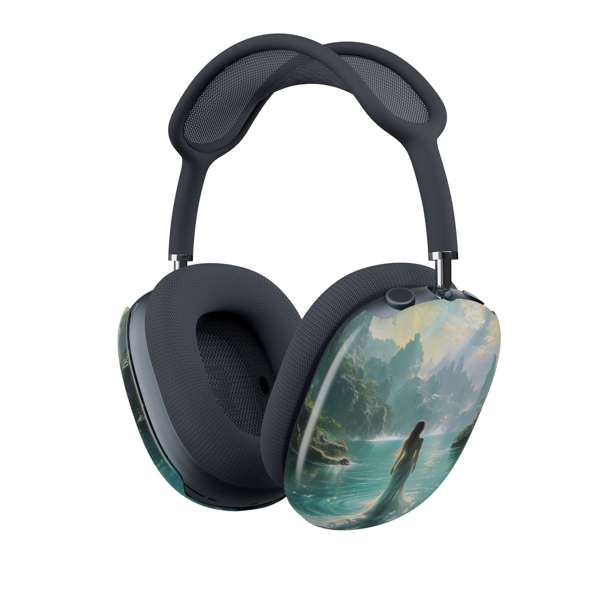 Celestial Tides AirPods Max cover with woman standing, overlooking teal ocean waves and misty cliffs under glowing sky, angled view on Apple AirPods Max headphones