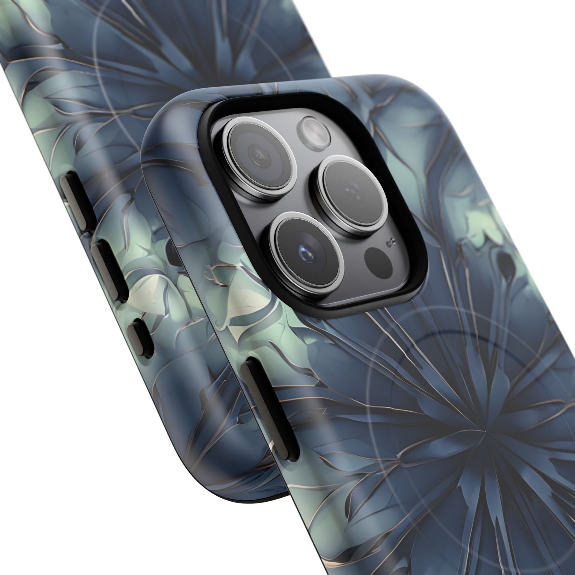 Indigo Mosaic - Artistic Kaleidoscope Collection Artistic Floral - iPhone 15 Pro MagSafe Phone Case -Bold Blue Symmetrical Design