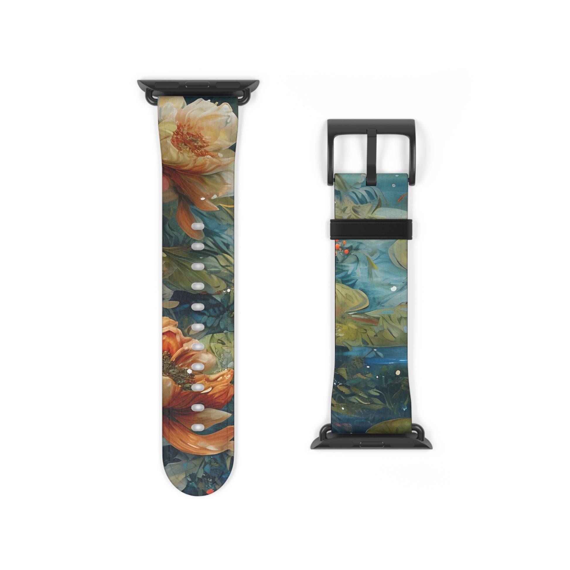 Waterlily Nocturne Apple Watch band strap with black clasp displaying impressionist water lily pond painting pattern