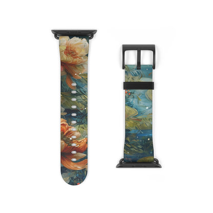 Waterlily Nocturne Apple Watch band strap with black clasp displaying impressionist water lily pond painting pattern
