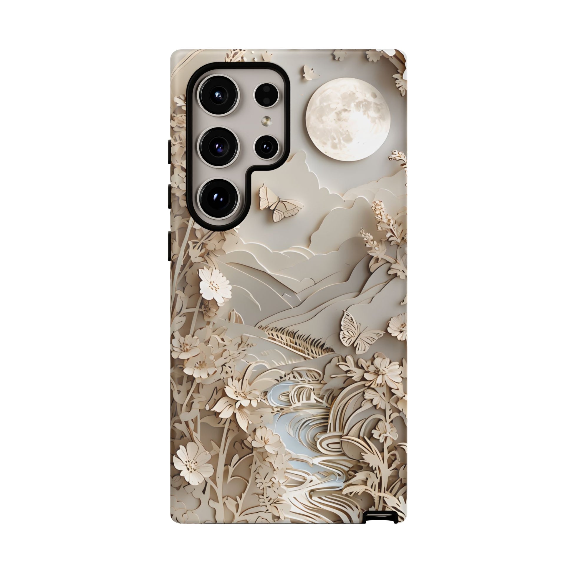 Moonlit Garden - Elegant Neutral Floral Samsung Galaxy S24 Ultra Tough Phone Case - Painterly Botanical & Moon Design