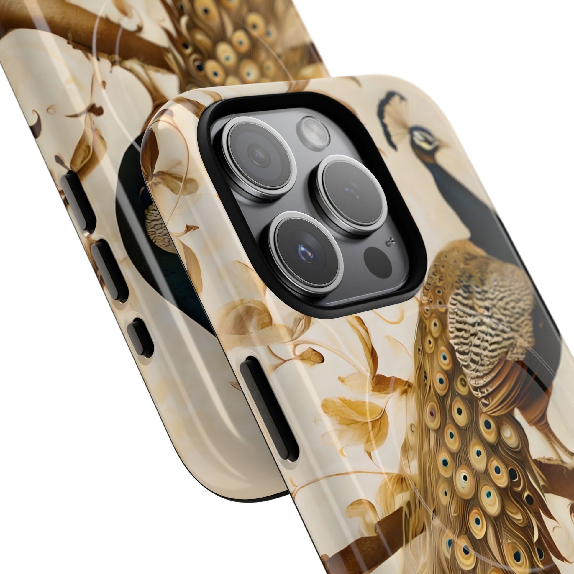 Golden Plumage - Luxe Peacock Art iPhone 15 Pro Phone Case - MagSafe Compatible - Elegant Gold & Cream Design