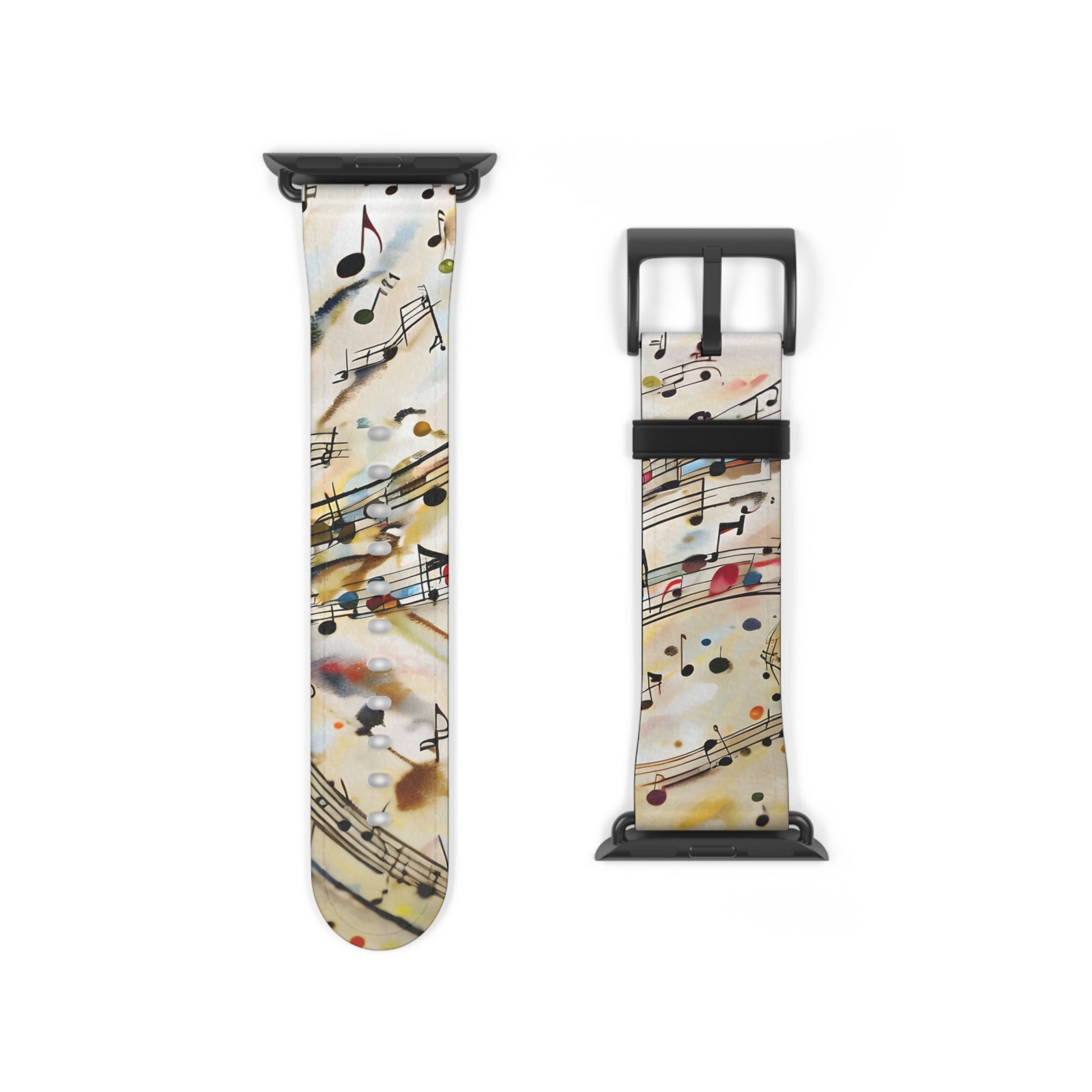 Melodic Flow Apple Watch band strap with musical notes and sheet music line artwork and black clasp