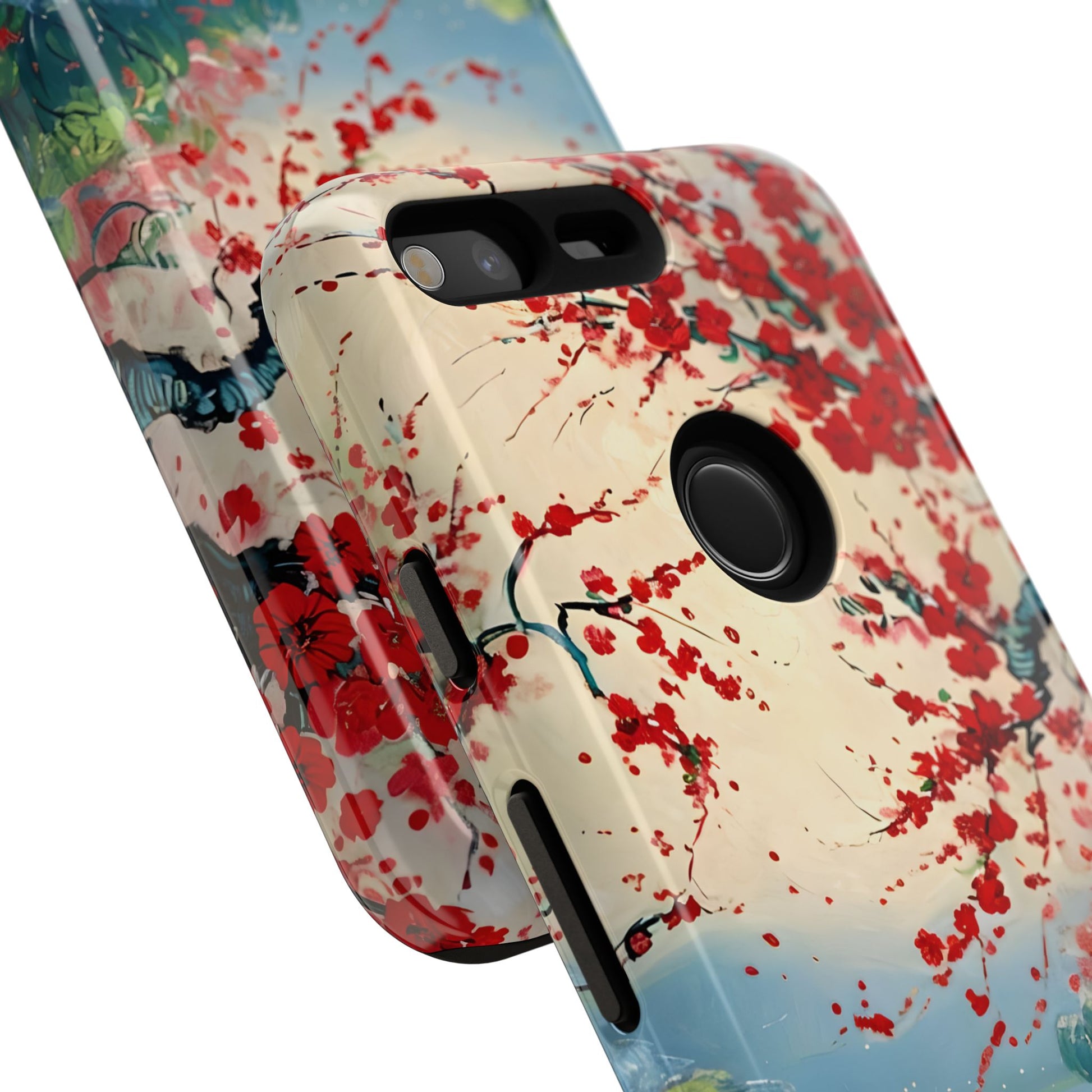 Crimson Blossom Lake - Artistic Floral Landscape Google Pixel Tough Phone Case - Red Cherry Blossoms & Serene Lake Design