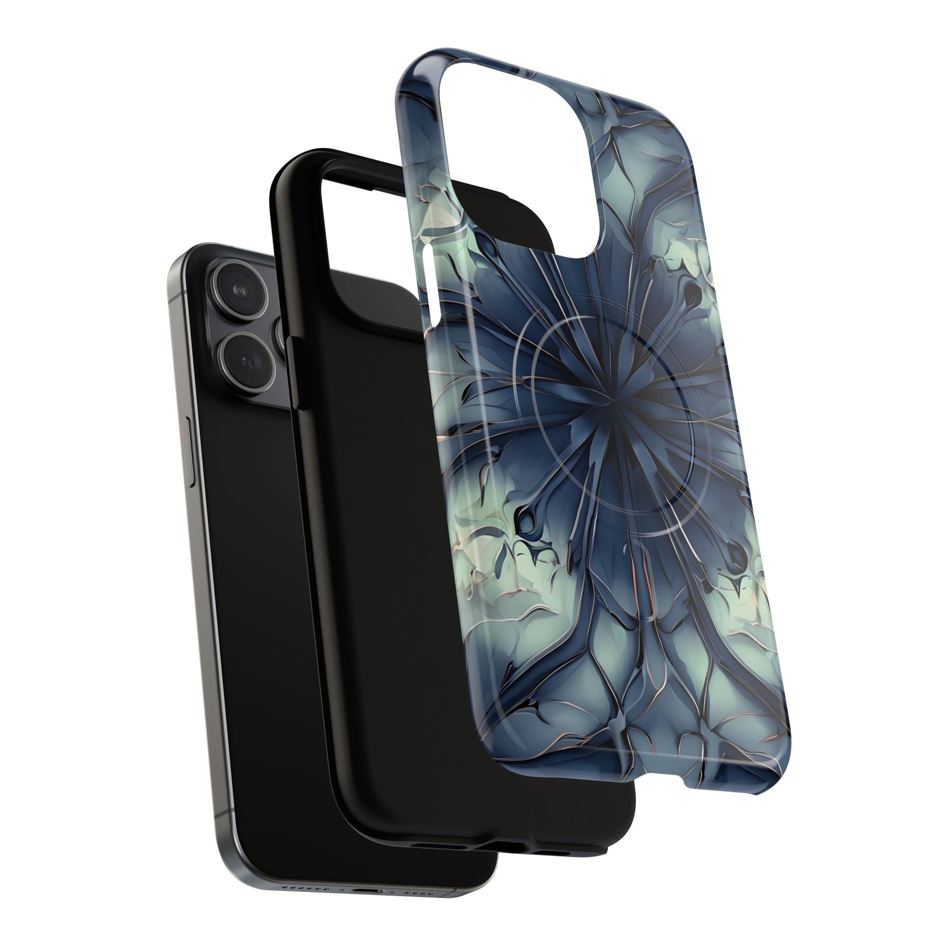 Indigo Mosaic - Artistic Kaleidoscope Collection Artistic Floral - iPhone 15 Pro Max MagSafe Phone Case -Bold Blue Symmetrical Design