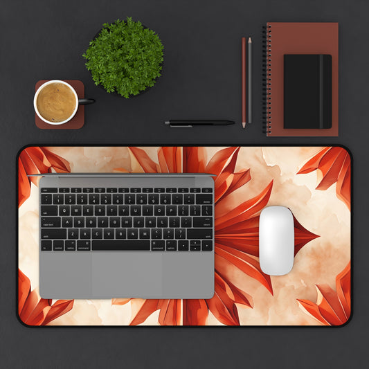 Sunset Fleur desk mat in workspace with keyboard showing bold sunset flower artwork