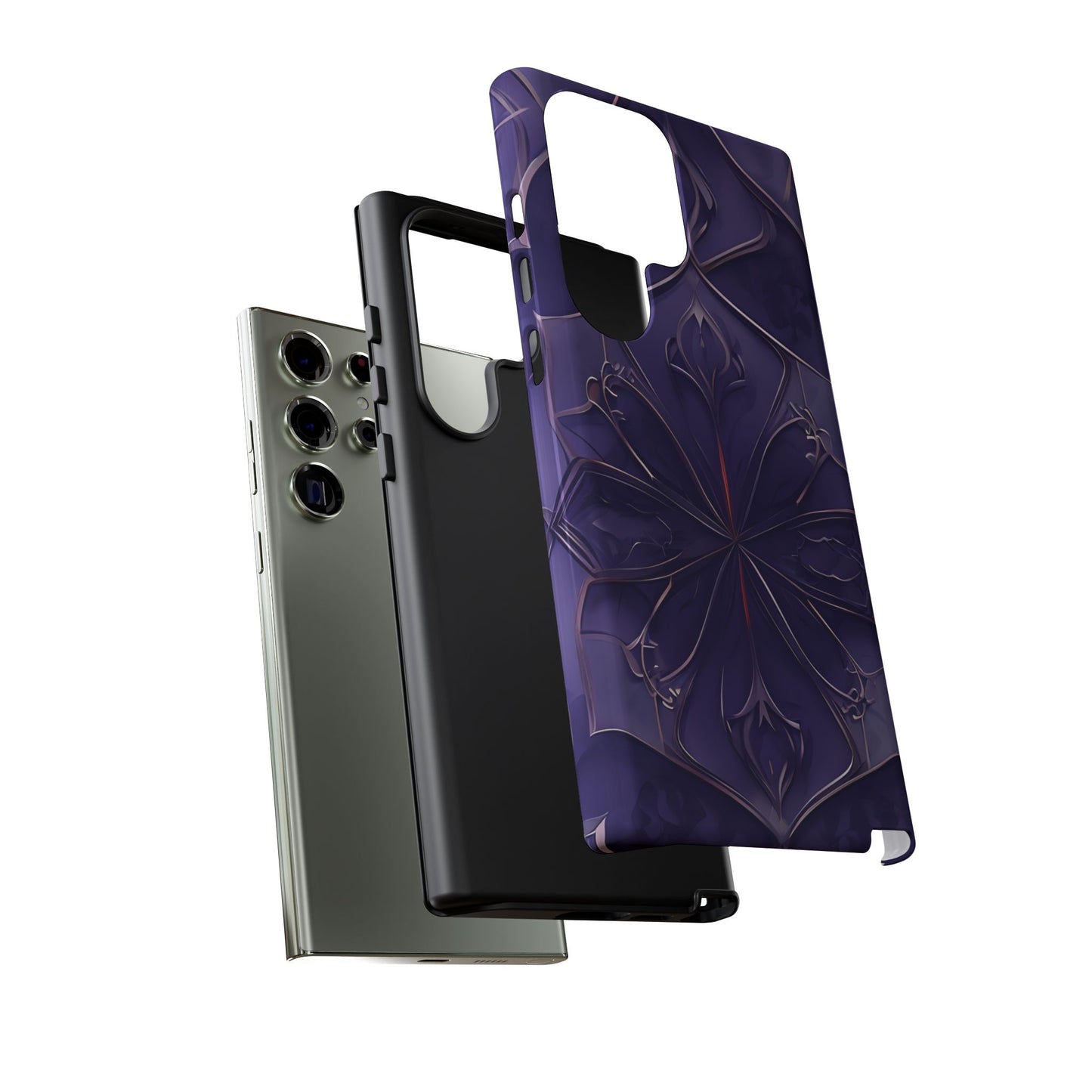 Violet Nebula Samsung Galaxy dual layer tough case with dark purple nebula‑inspired flower pattern, side and back view