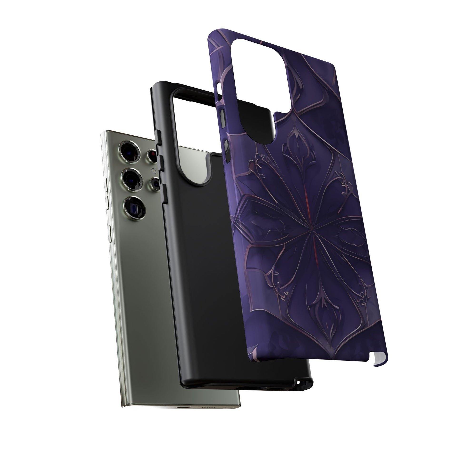 Violet Nebula Samsung Galaxy dual layer tough case with dark purple nebula‑inspired flower pattern, side and back view