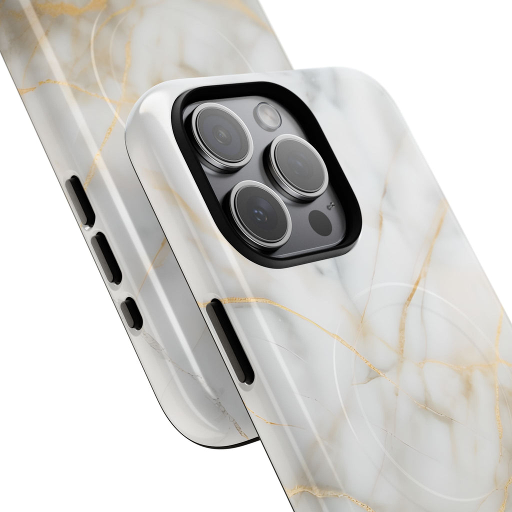 Golden Vein iPhone 15 Pro Max MagSafe Phone Case -White Neutral Marble Design