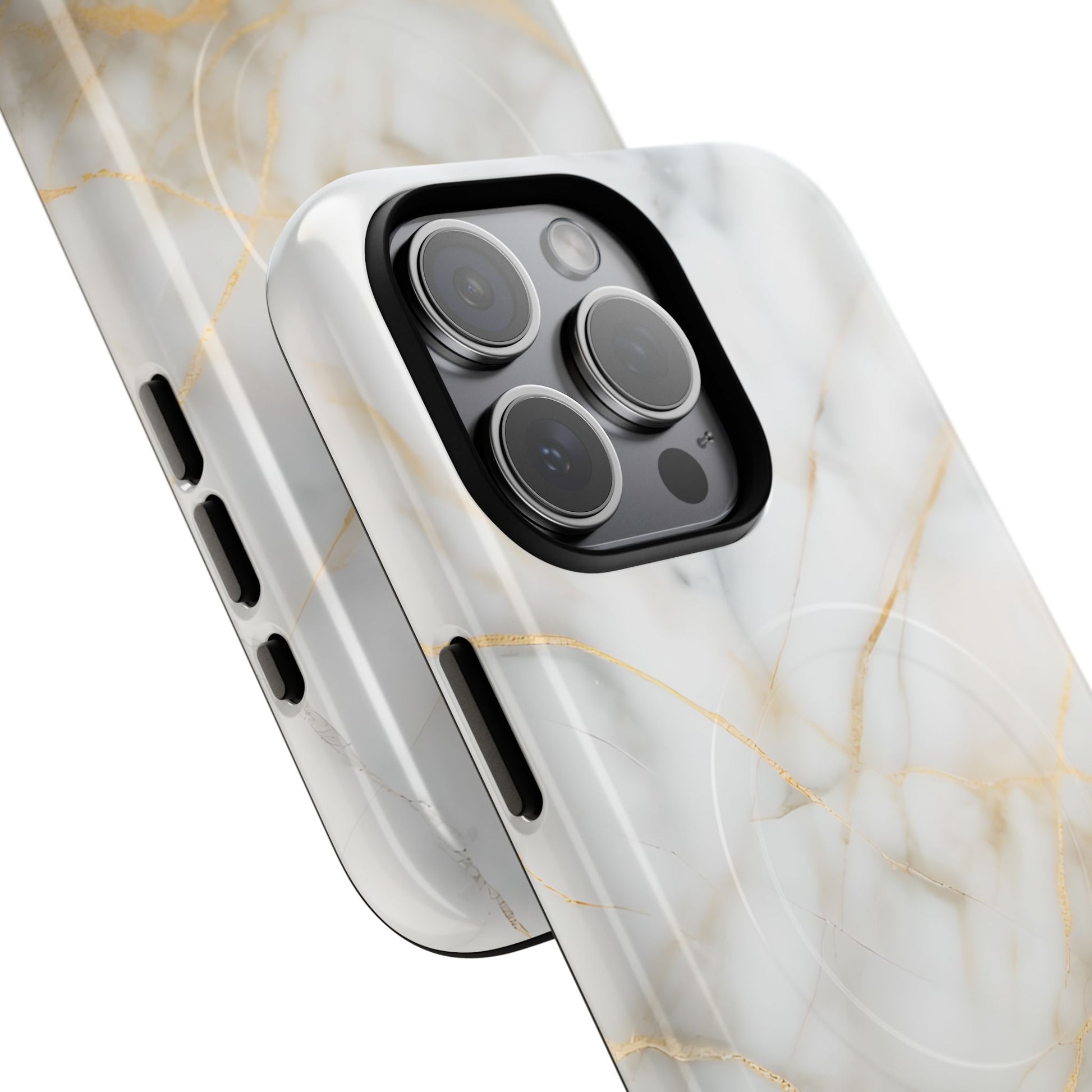 Golden Vein iPhone 15 Pro Max MagSafe Phone Case -White Neutral Marble Design