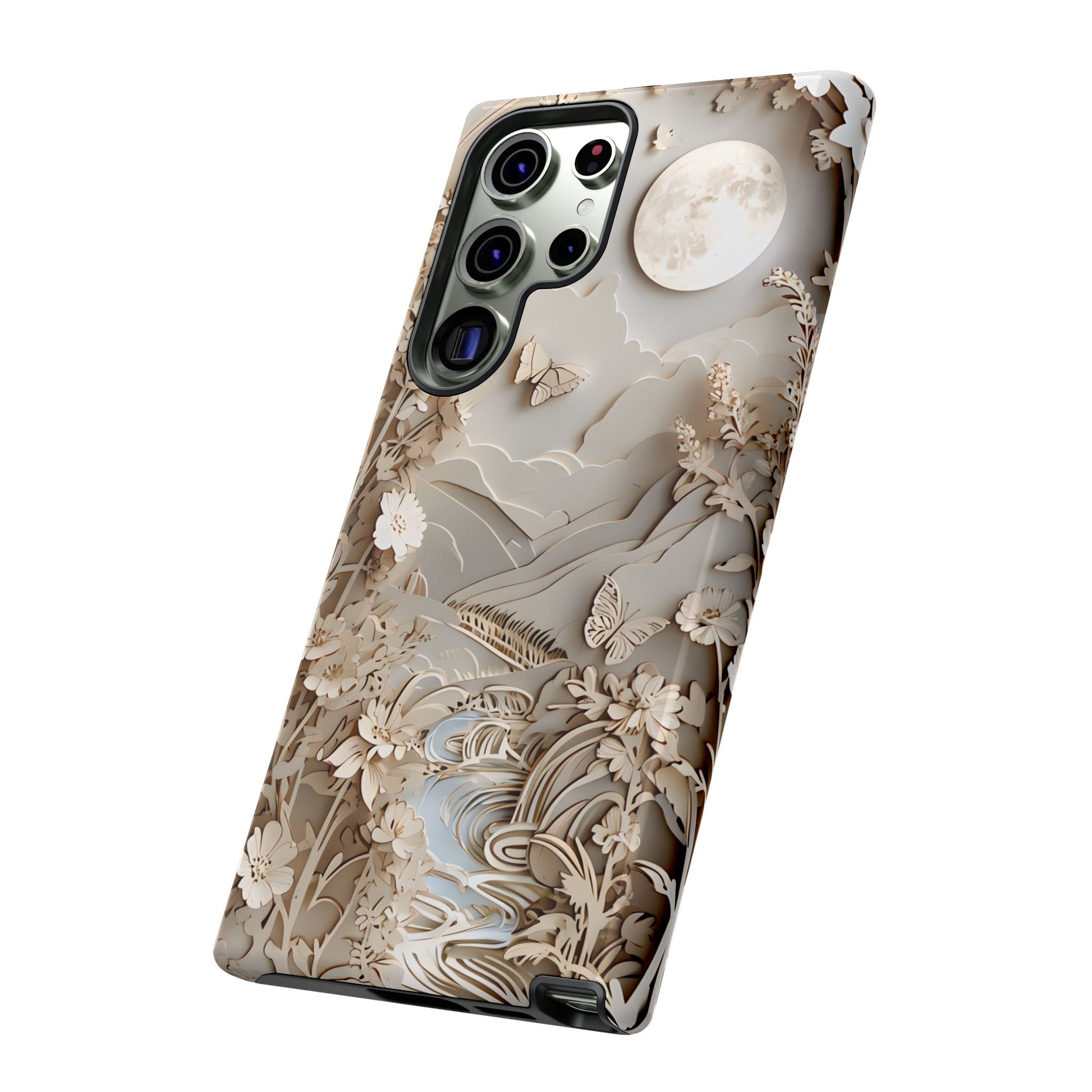 Moonlit Garden - Elegant Neutral Floral Samsung Galaxy S23 Ultra Tough Phone Case - Painterly Botanical & Moon Design