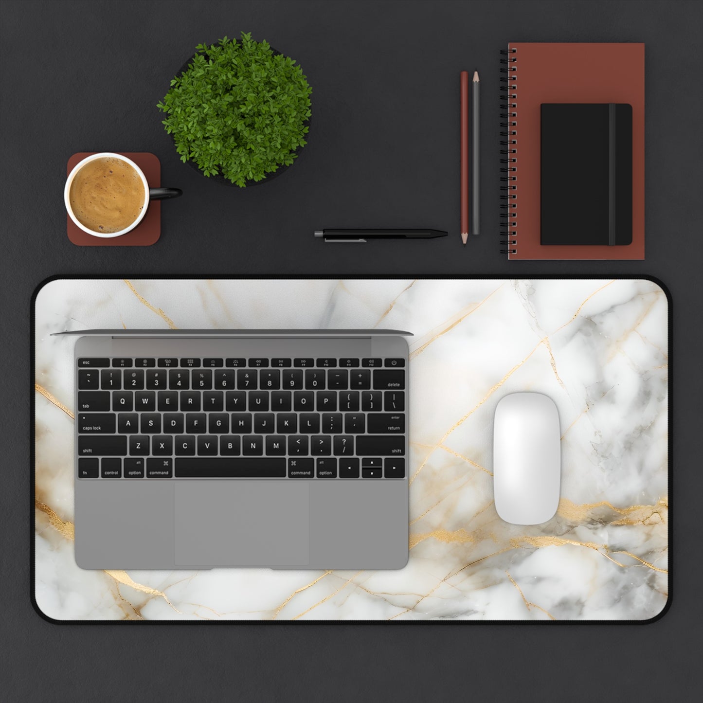 Golden Vein desk mat in workspace with keyboard showing elegant marble design