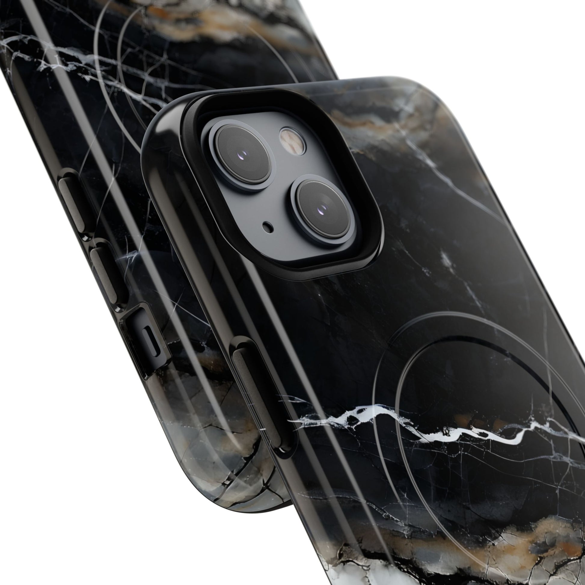 Obsidian Vein iPhone 14 MagSafe Phone Case -Black Neutral Marble Design