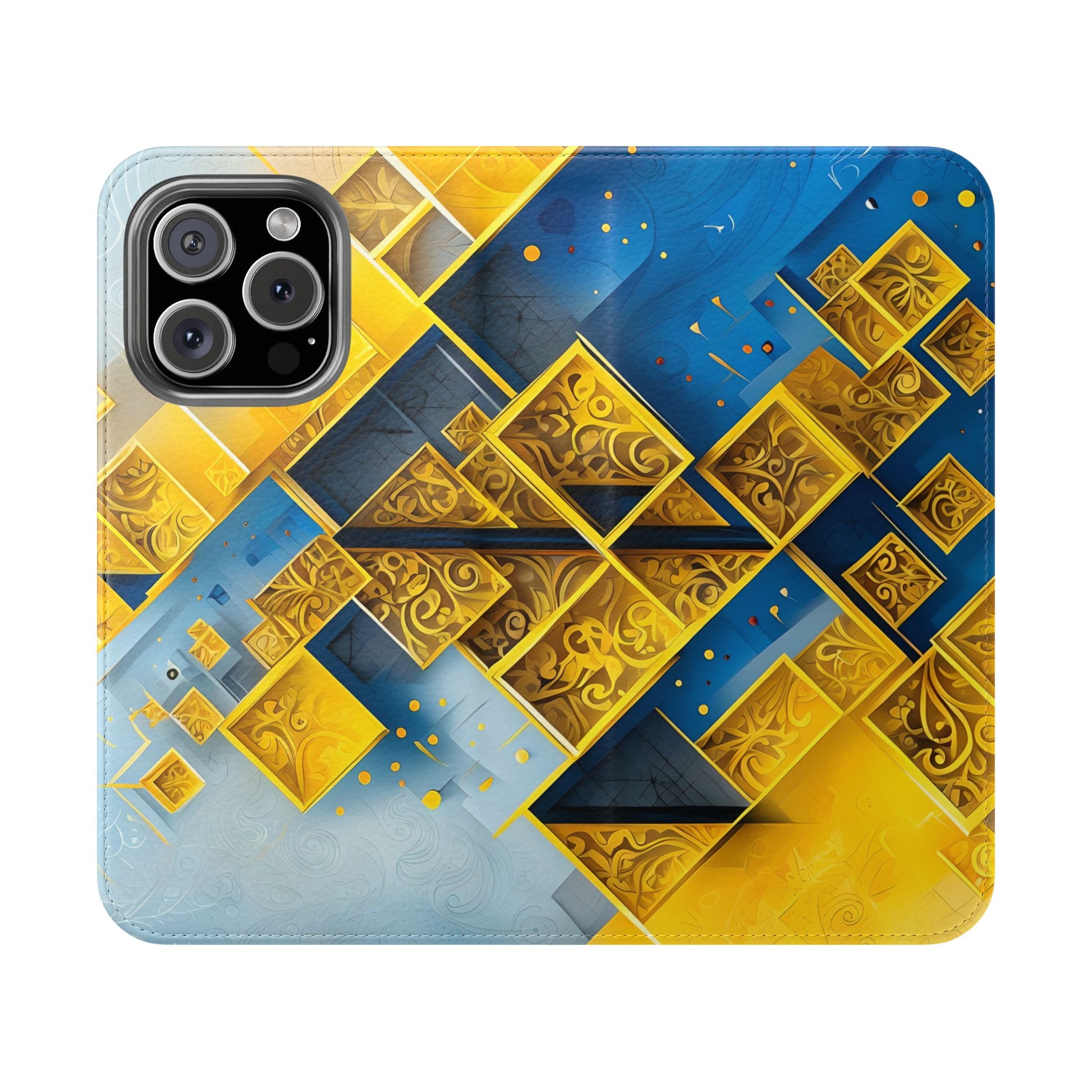 Golden Ascent Wallet Phone Case - Abstract Yellow & Blue Flip Cover for iPhone 16 Pro