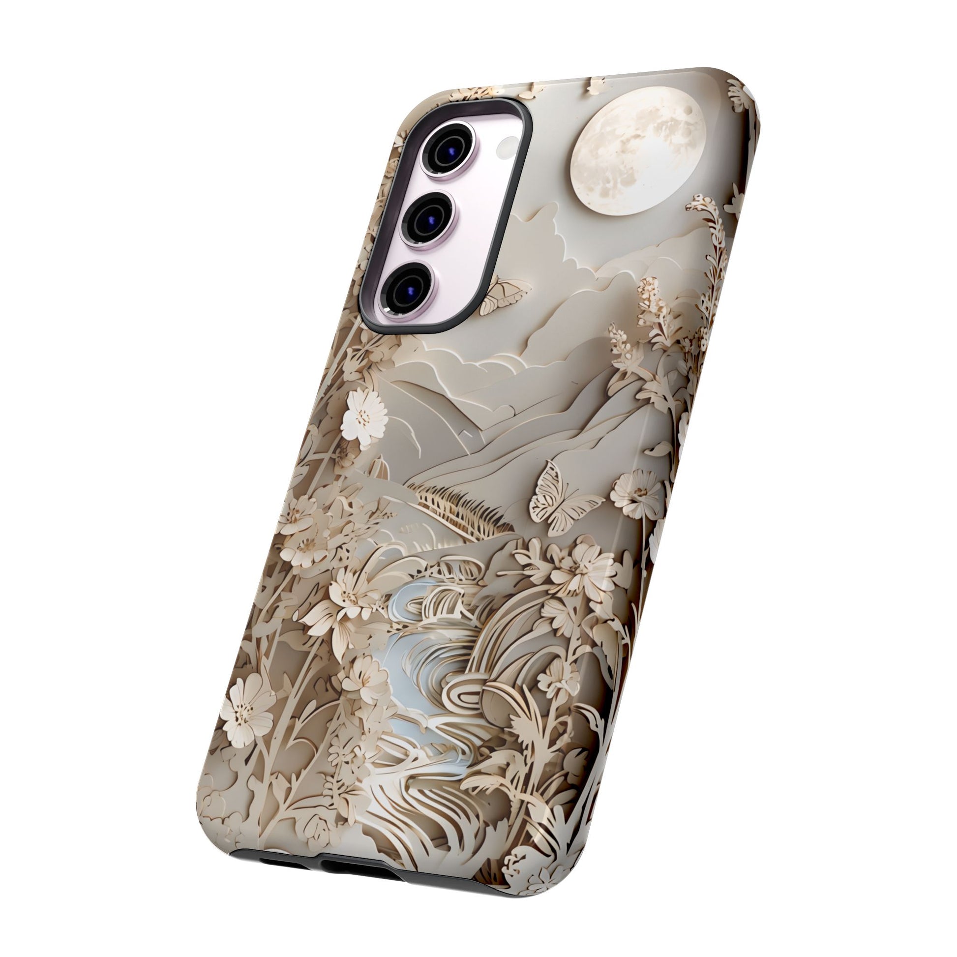 Moonlit Garden - Elegant Neutral Floral Samsung Galaxy S23 Plus Tough Phone Case - Painterly Botanical & Moon Design
