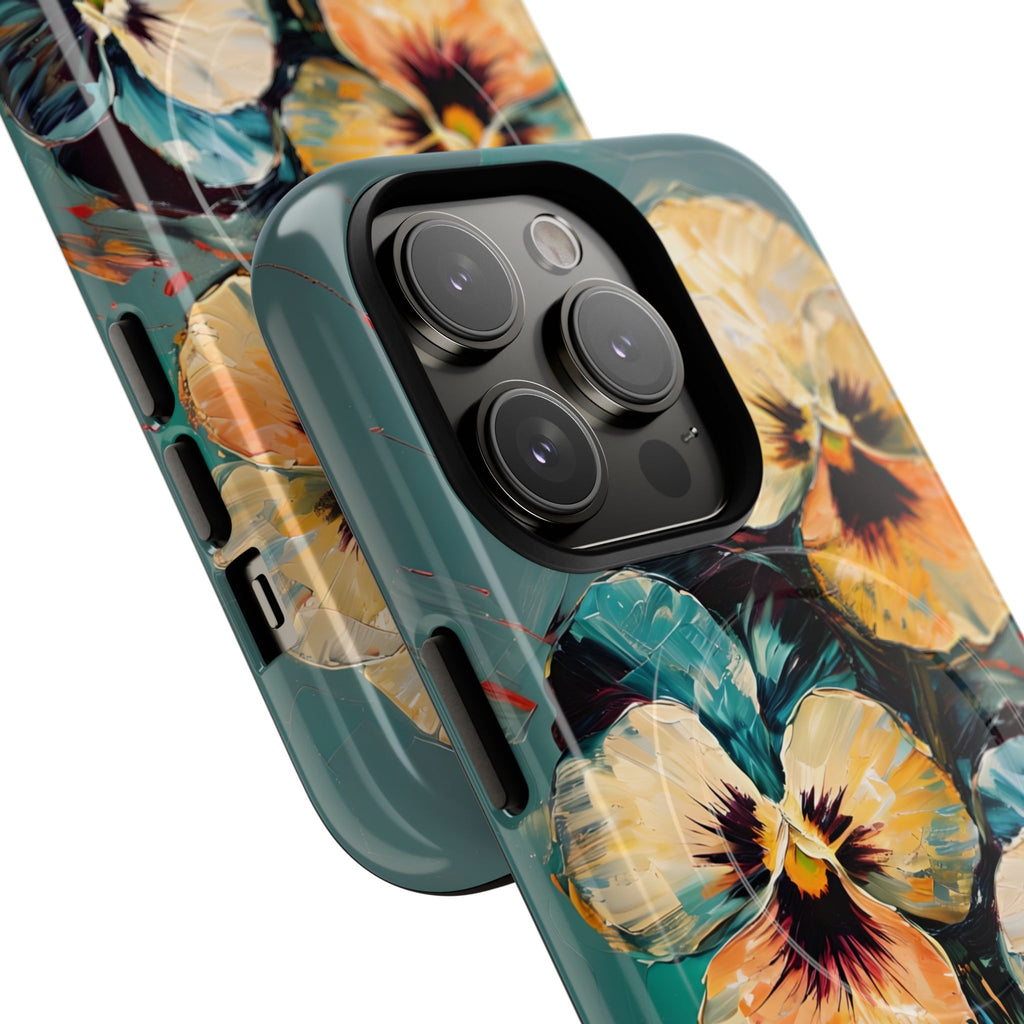 Golden Pansy Cascade - Elegant Floral iPhone 14 Pro MagSafe Case with Deep Teal Background