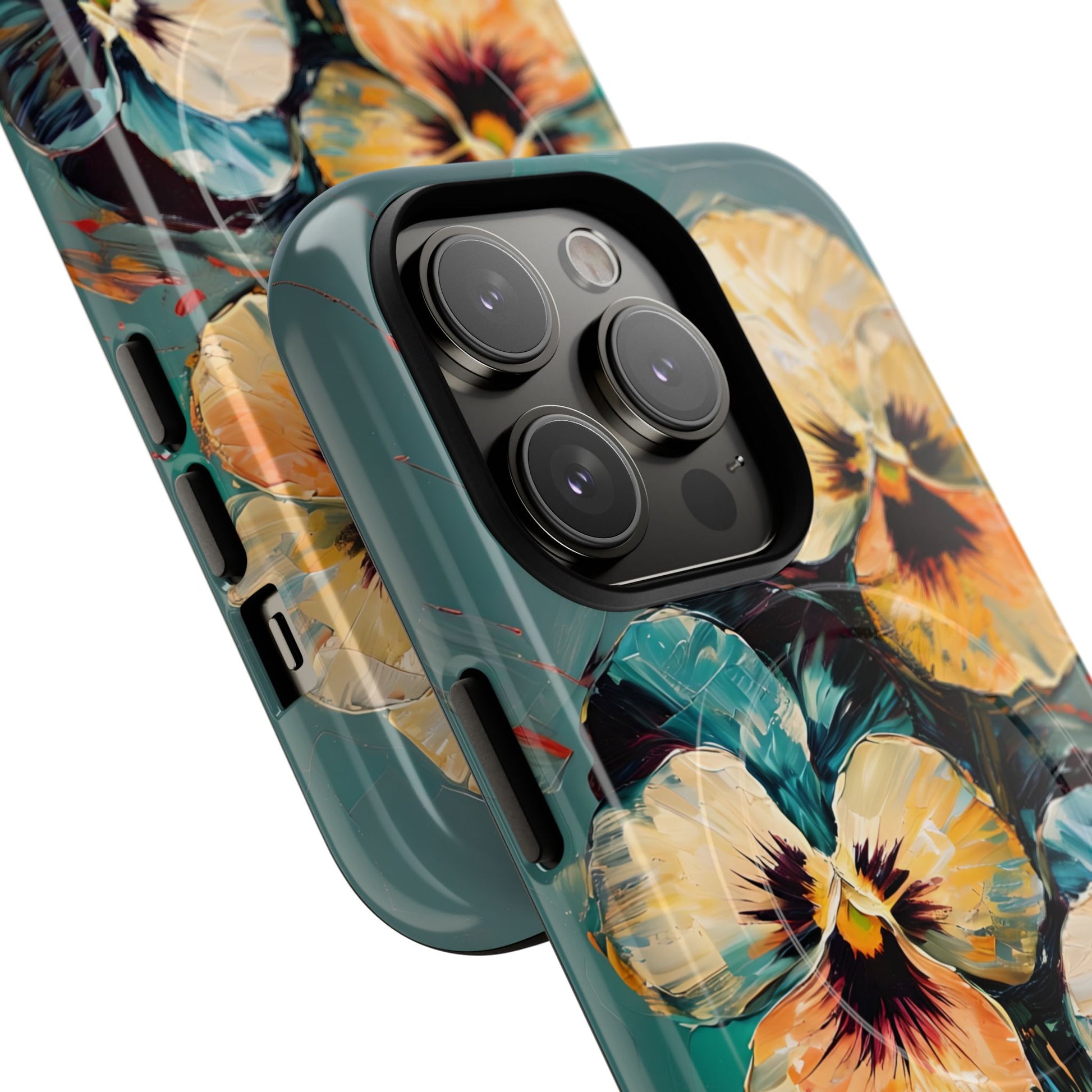 Golden Pansy Cascade - Elegant Floral iPhone 14 Pro MagSafe Case with Deep Teal Background