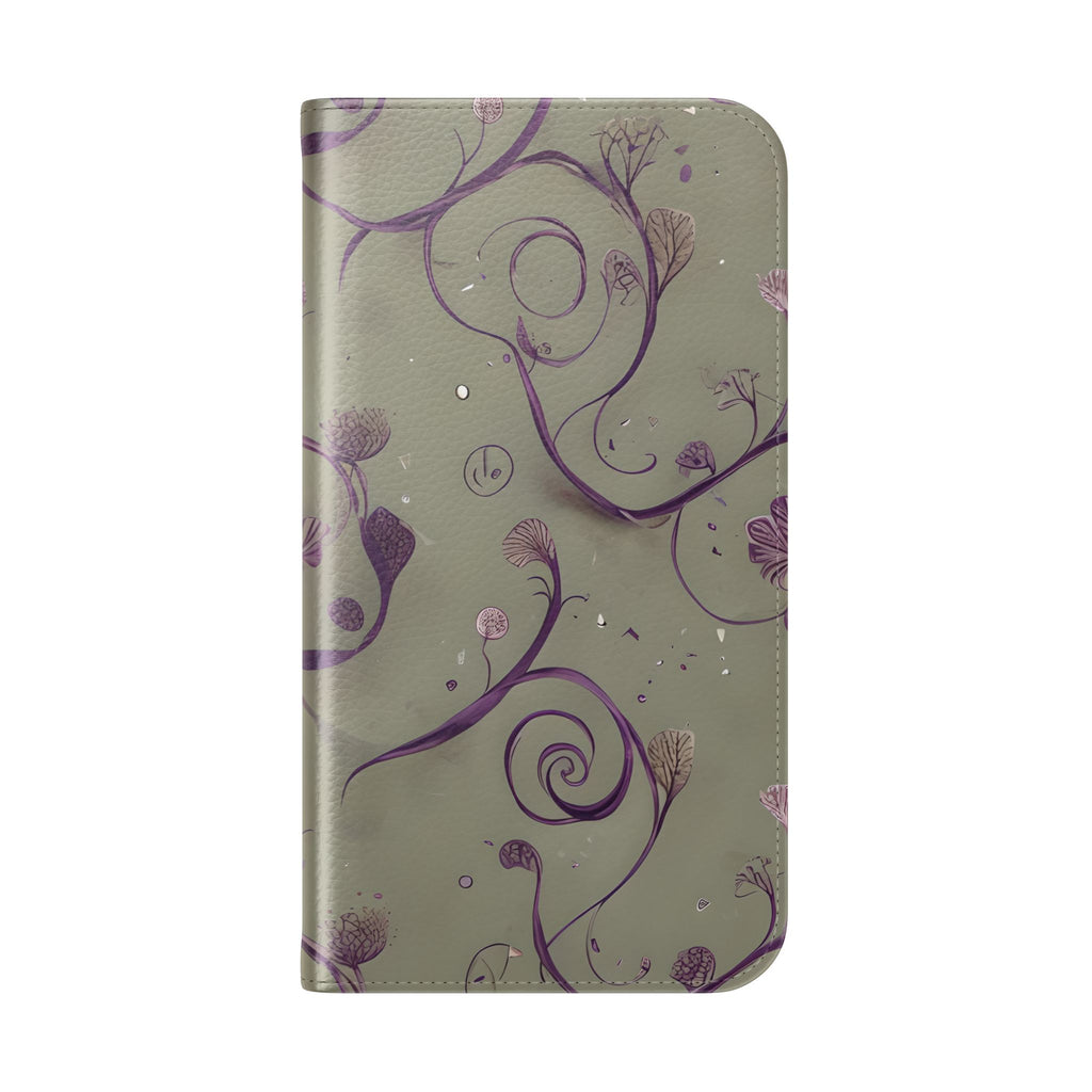 Twilight Thistle Bloom Wallet Phone Case - Elegant Purple Floral Vine Flip Cover for iPhone 15 Pro