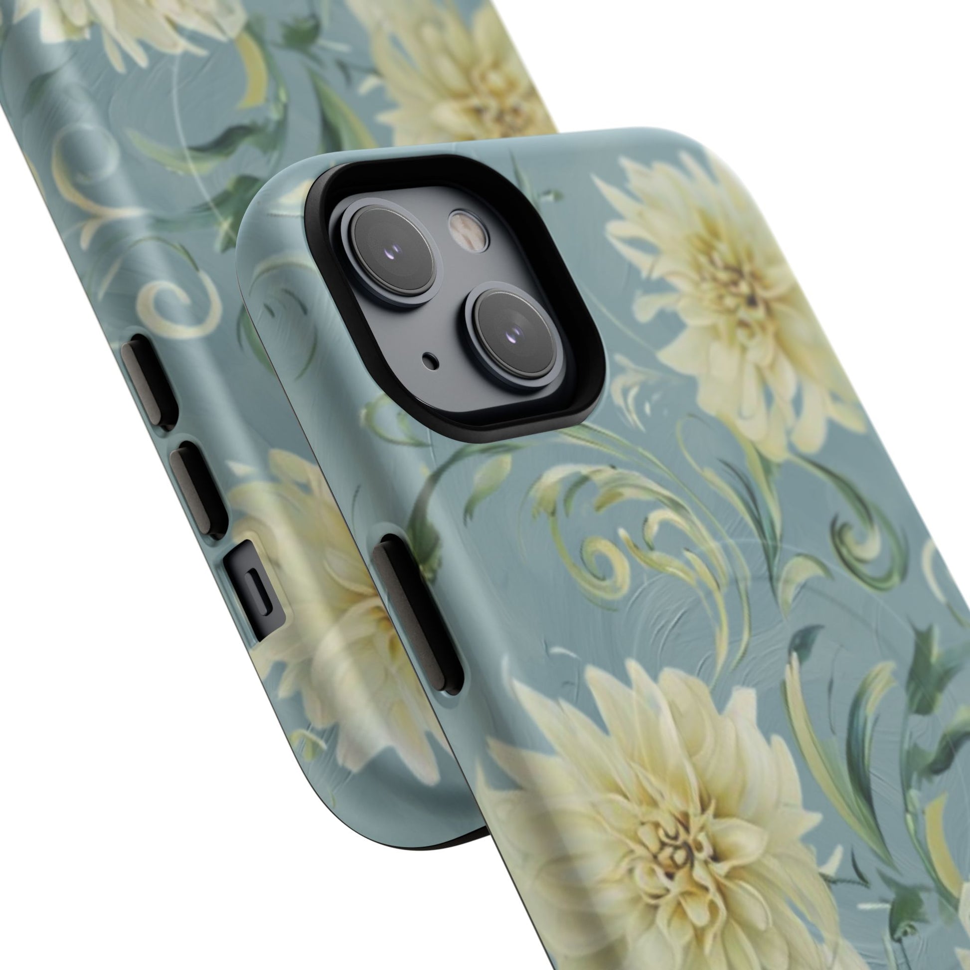 Golden Dahlia Trio - Elegant Floral iPhone 14 Plus MagSafe Phone Case - Artistic White & Blue Dahlia Design