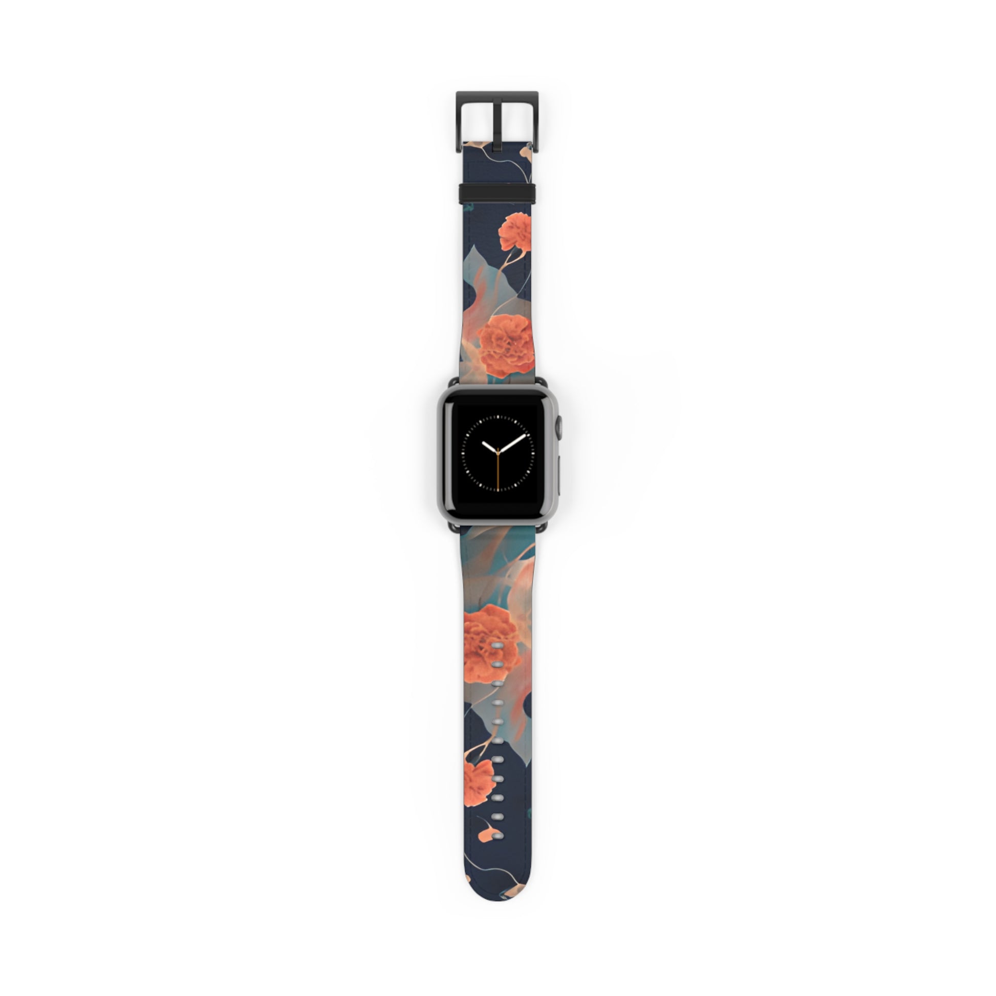 Lotus Reverie Apple Watch band with watch face featuring coral lotus flowers on a deep blue background