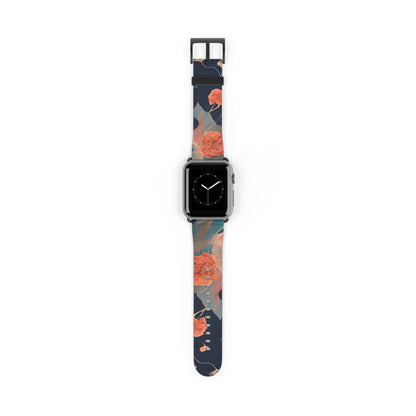 Lotus Reverie Apple Watch band with watch face featuring coral lotus flowers on a deep blue background