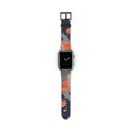 Lotus Reverie Apple Watch band with watch face featuring coral lotus flowers on a deep blue background