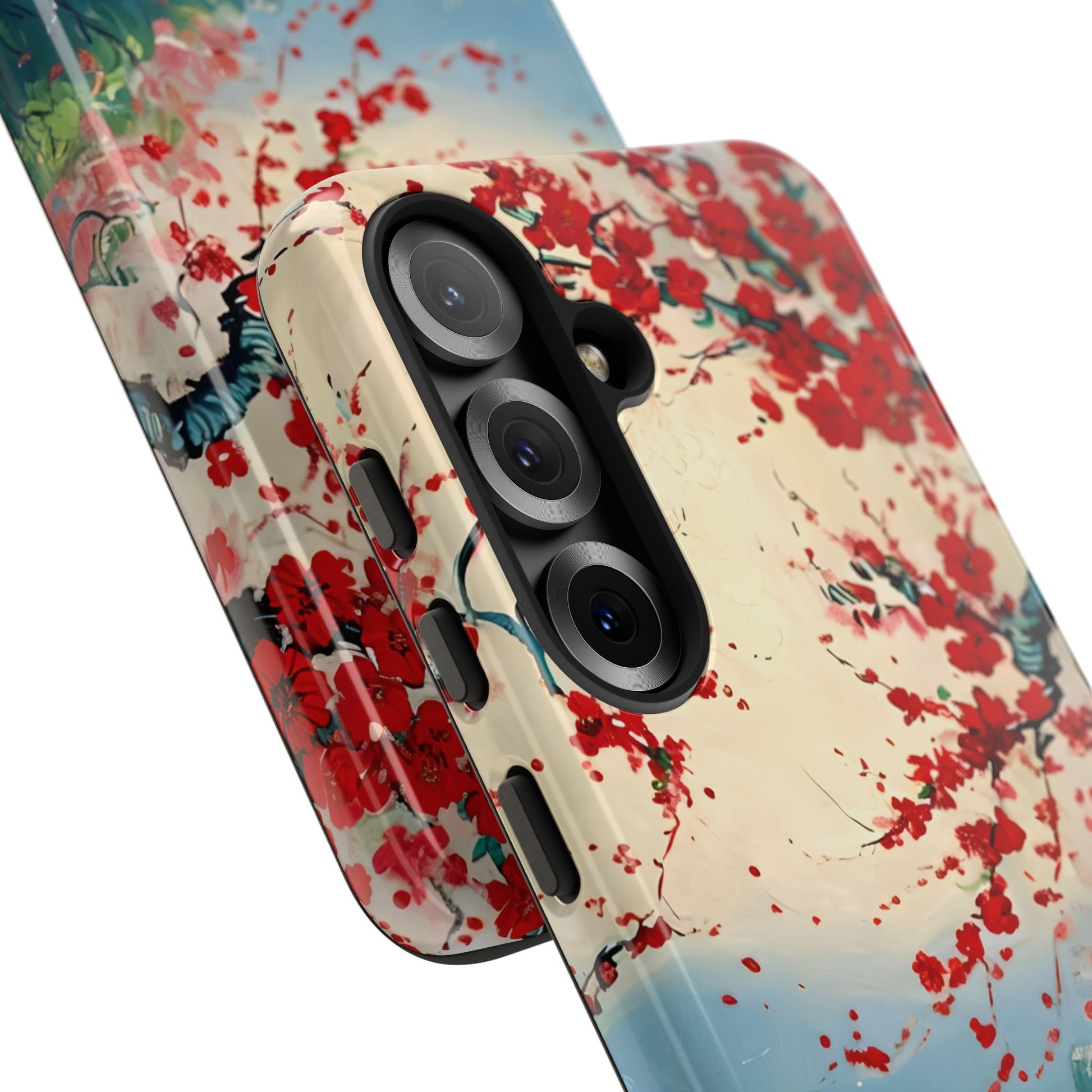 Crimson Blossom Lake - Artistic Floral Landscape Samsung Galaxy S25 Tough Phone Case - Red Cherry Blossoms & Serene Lake Design