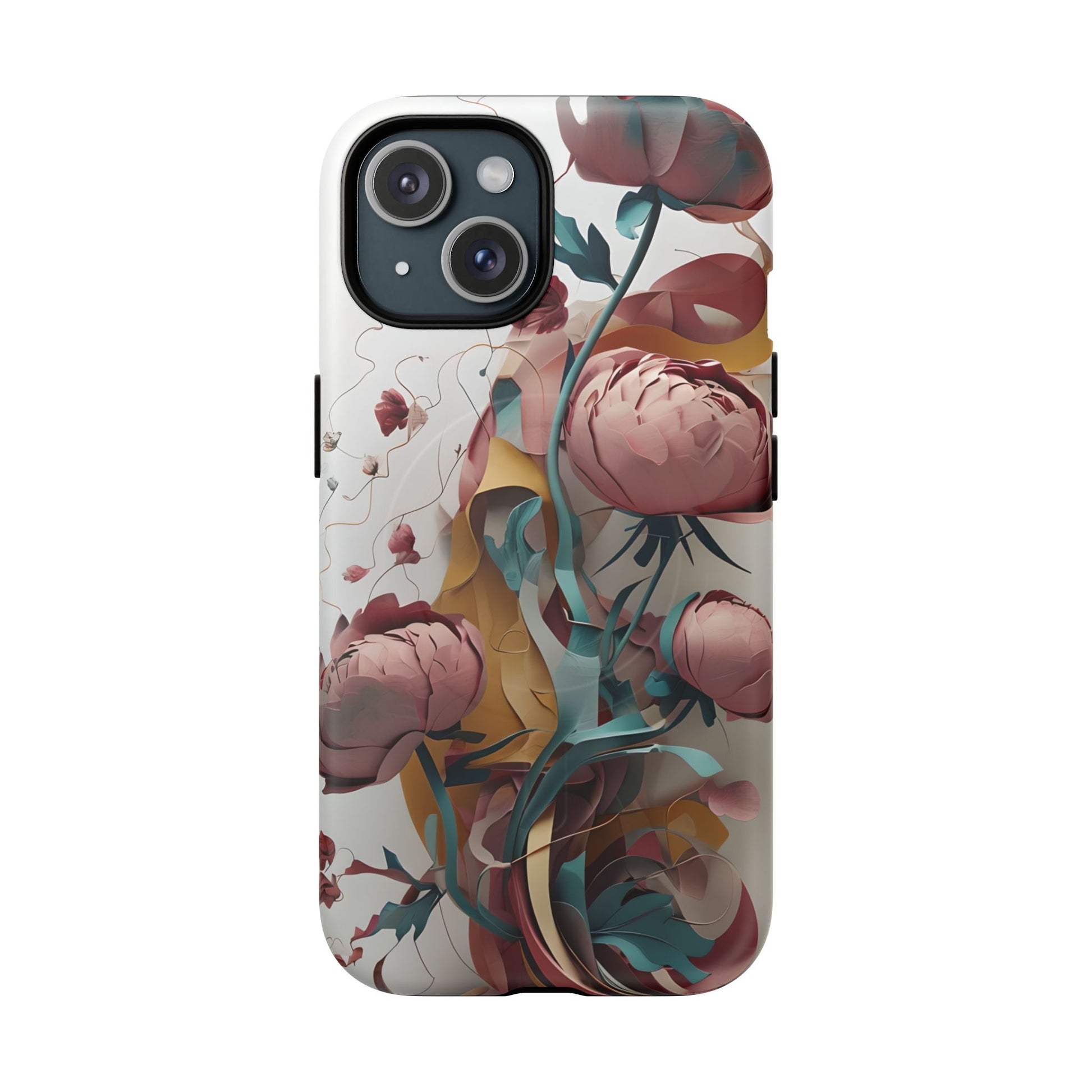 Blushing Peony Veil - Elegant Painterly Floral iPhone 15 MagSafe Phone Case - Soft Blush & Teal Peony Design
