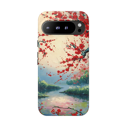 Crimson Blossom Lake - Artistic Floral Landscape Google Pixel 6 Tough Phone Case - Red Cherry Blossoms & Serene Lake Design