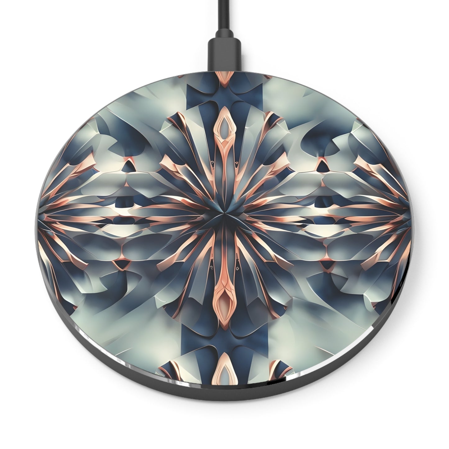 Obsidian Kaleidoscope abstract geometric decorative Qi wireless charger with metallic kaleidoscope pattern