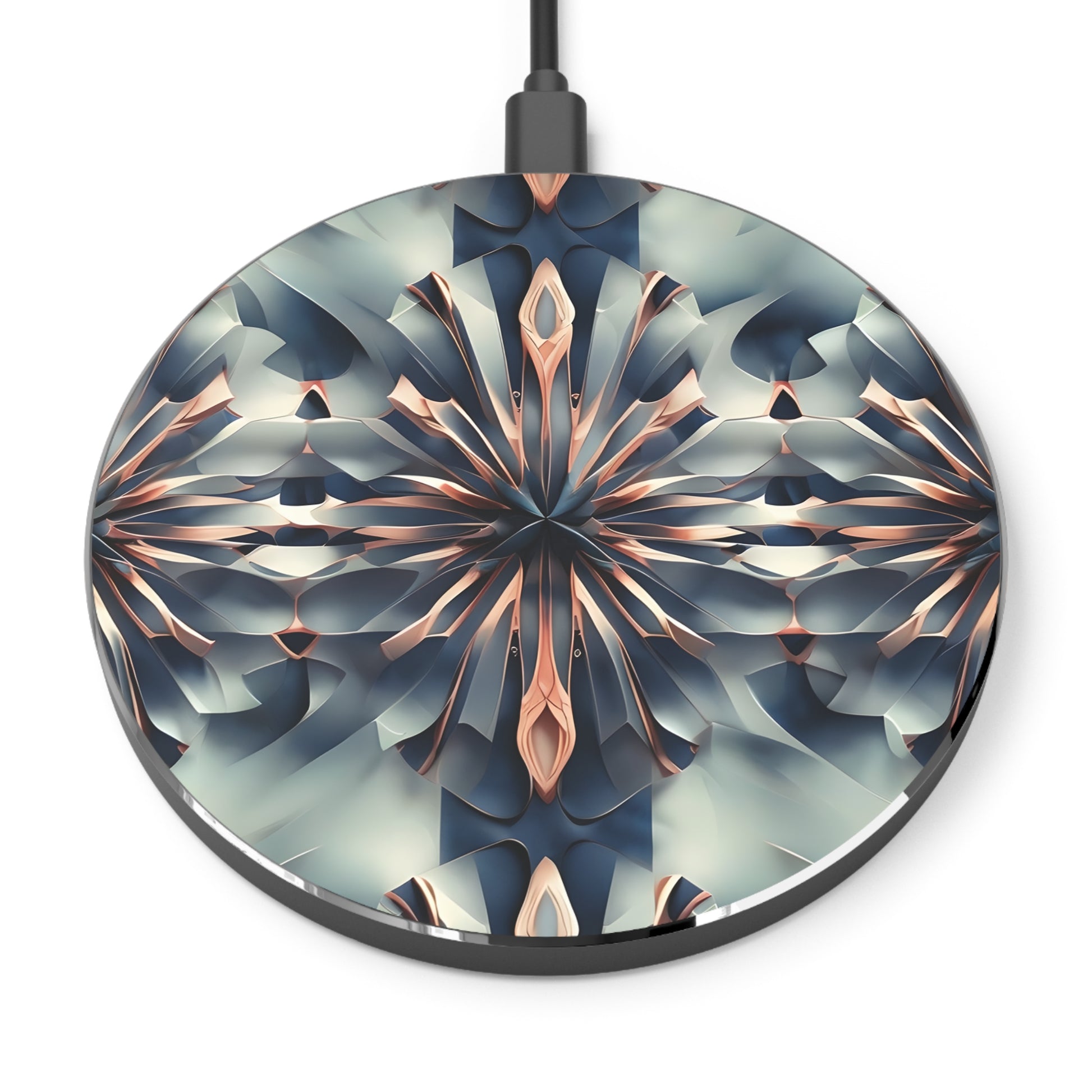 Obsidian Kaleidoscope abstract geometric decorative Qi wireless charger with metallic kaleidoscope pattern