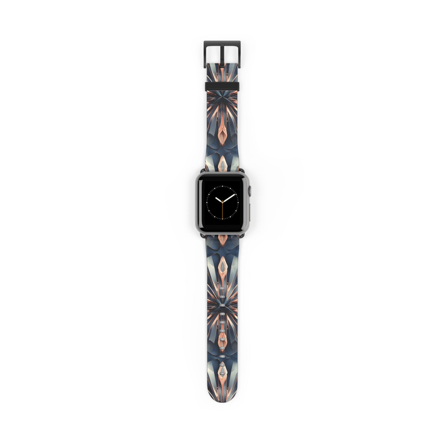 Obsidian Kaleidoscope Apple Watch band with watch face featuring geometric kaleidoscope pattern in deep obsidian, copper, and blue tones