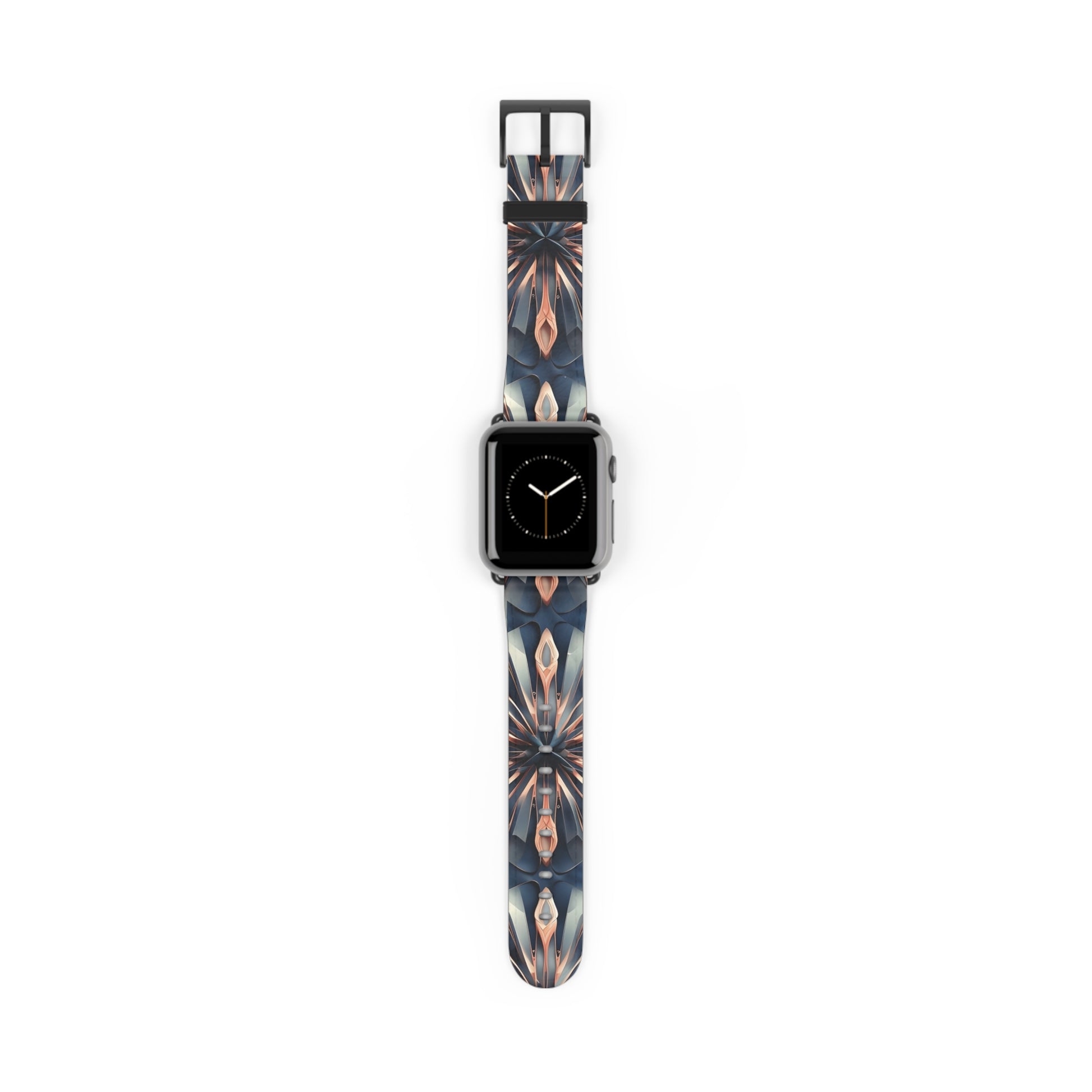 Obsidian Kaleidoscope Apple Watch band with watch face featuring geometric kaleidoscope pattern in deep obsidian, copper, and blue tones