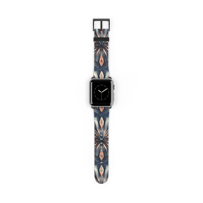 Obsidian Kaleidoscope Apple Watch band with watch face featuring geometric kaleidoscope pattern in deep obsidian, copper, and blue tones