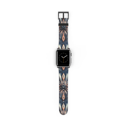 Obsidian Kaleidoscope Apple Watch band with watch face featuring geometric kaleidoscope pattern in deep obsidian, copper, and blue tones
