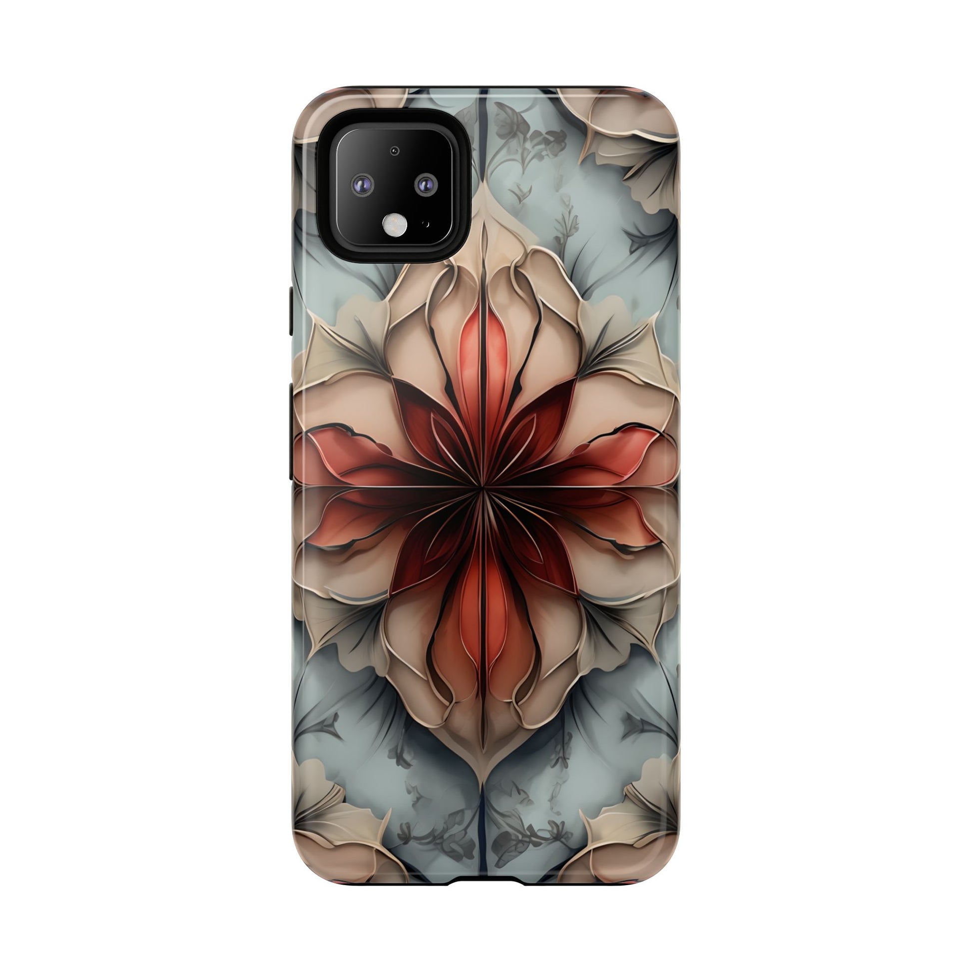 Ember Bloom - Kaleidoscope Collection Artistic Floral - Google Pixel 4 XL Tough Phone Case - Fiery Symmetrical Design