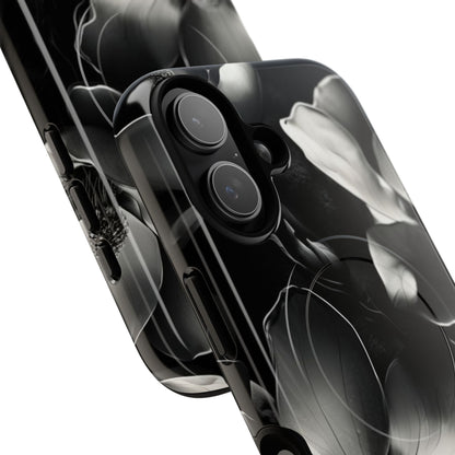 Monochrome Magnolia - Elegant Black & White Floral iPhone MagSafe Phone Case - Artistic Magnolia Design