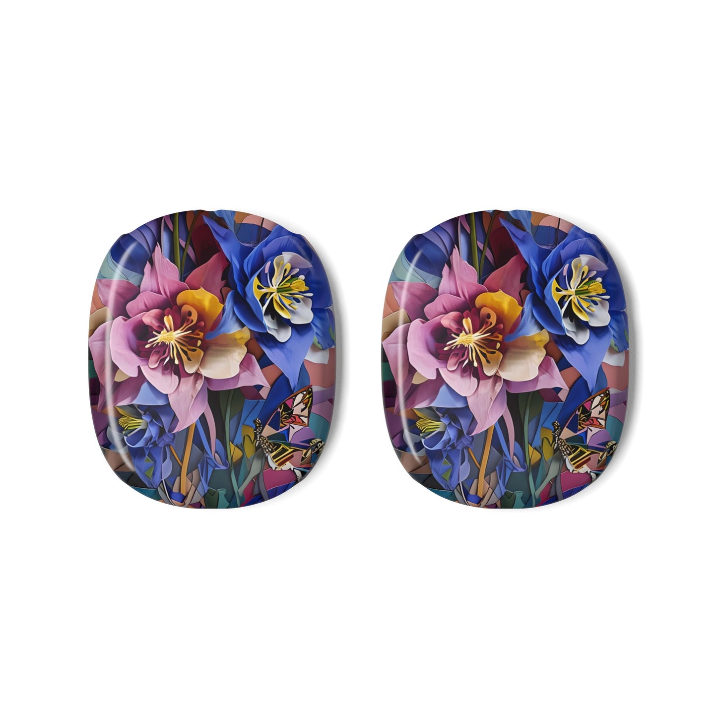 Blue Columbine Carnivale AirPods Max ear cup covers featuring layered blue, pink, and purple columbine blossoms with a detailed butterfly accent, flat product view