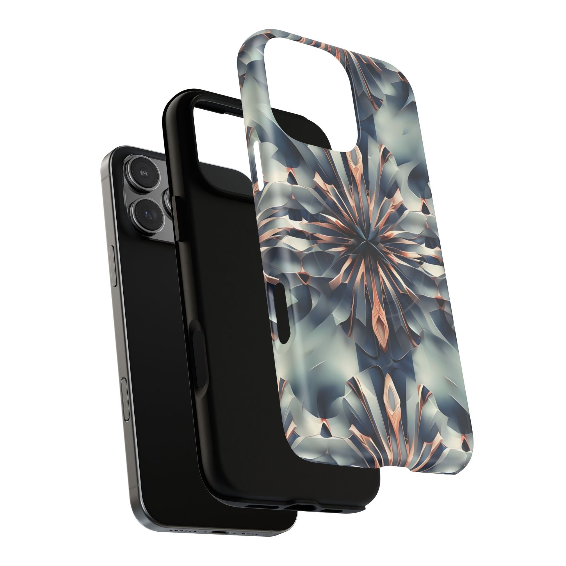 Obsidian Kaleidoscope Artistic Floral Burst - iPhone 16 Pro Max MagSafe Phone Case -Blue, Peach and Silver Symmetrical Design