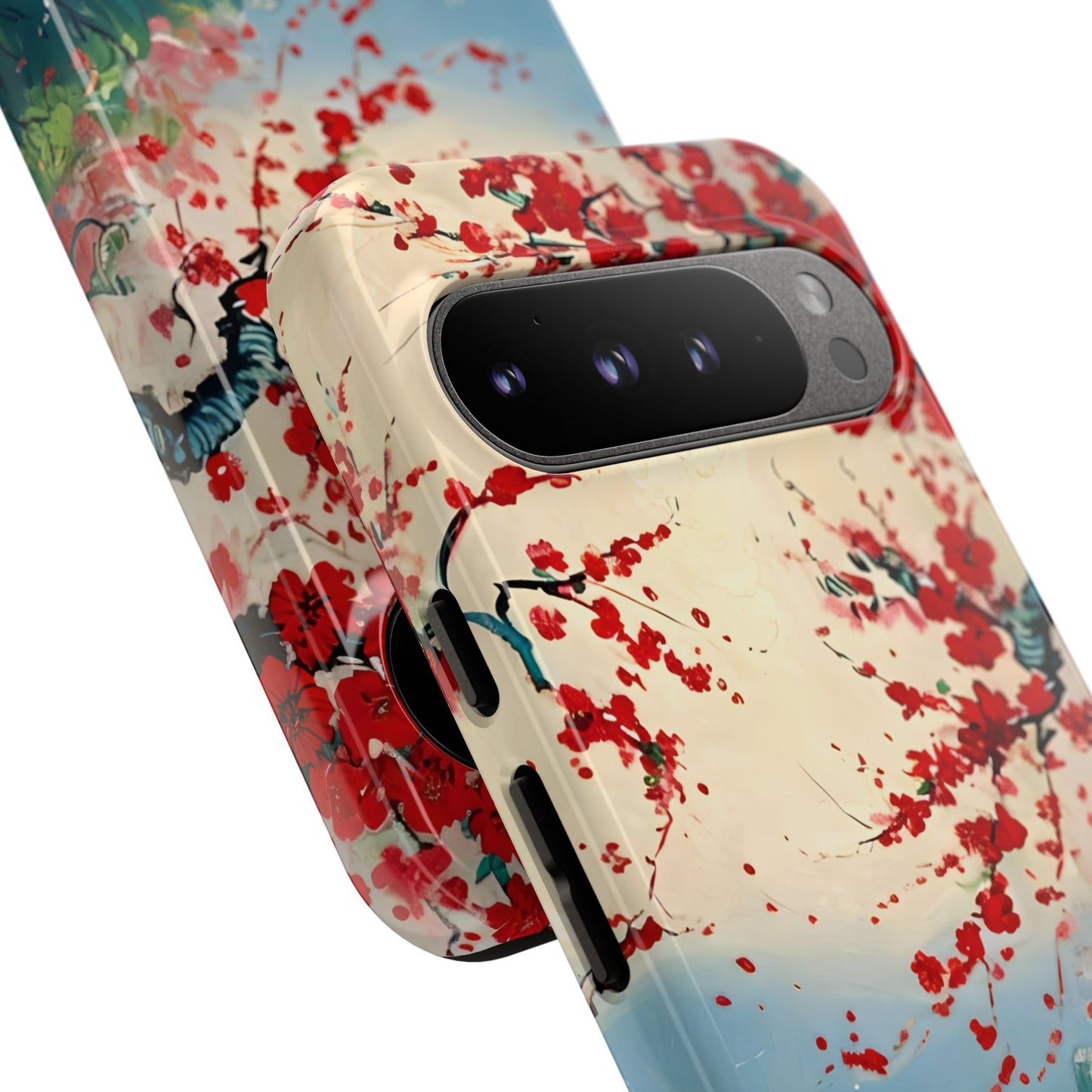 Crimson Blossom Lake - Artistic Floral Landscape Google Pixel 6 Tough Phone Case - Red Cherry Blossoms & Serene Lake Design