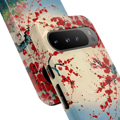 Crimson Blossom Lake - Artistic Floral Landscape Google Pixel 6 Tough Phone Case - Red Cherry Blossoms & Serene Lake Design