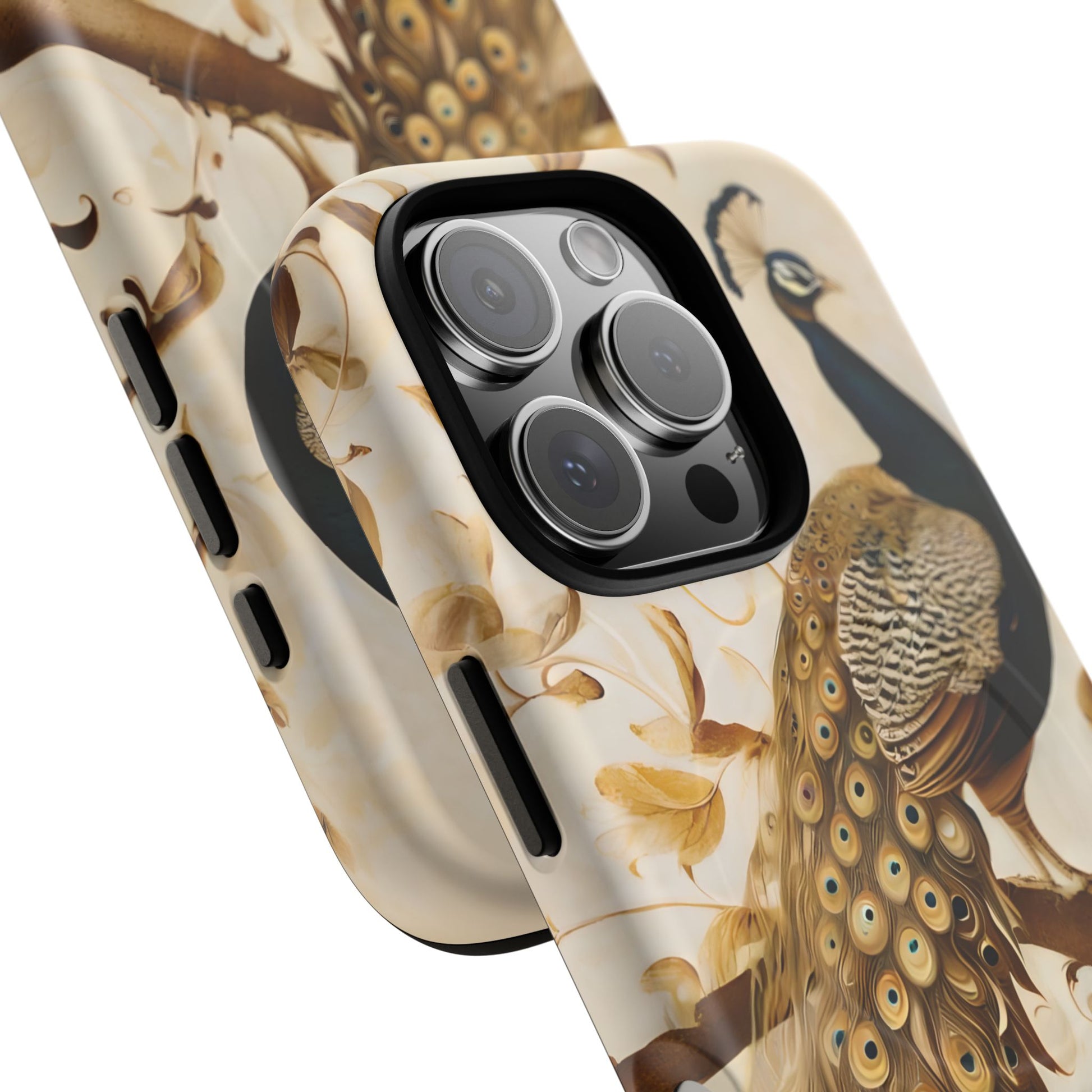Golden Plumage - Luxe Peacock Art iPhone 16 Pro Phone Case - MagSafe Compatible - Elegant Gold & Cream Design